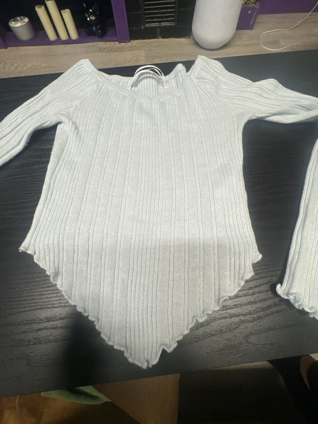 Silence + Noise Rib Knit Top Size S Light Blue Asymmetrical Flare Sleeve 6
