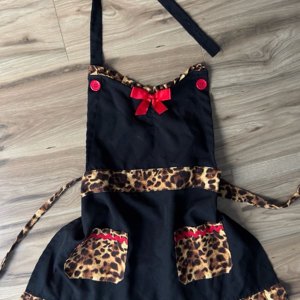 Black Leopard Apron With Red Bow