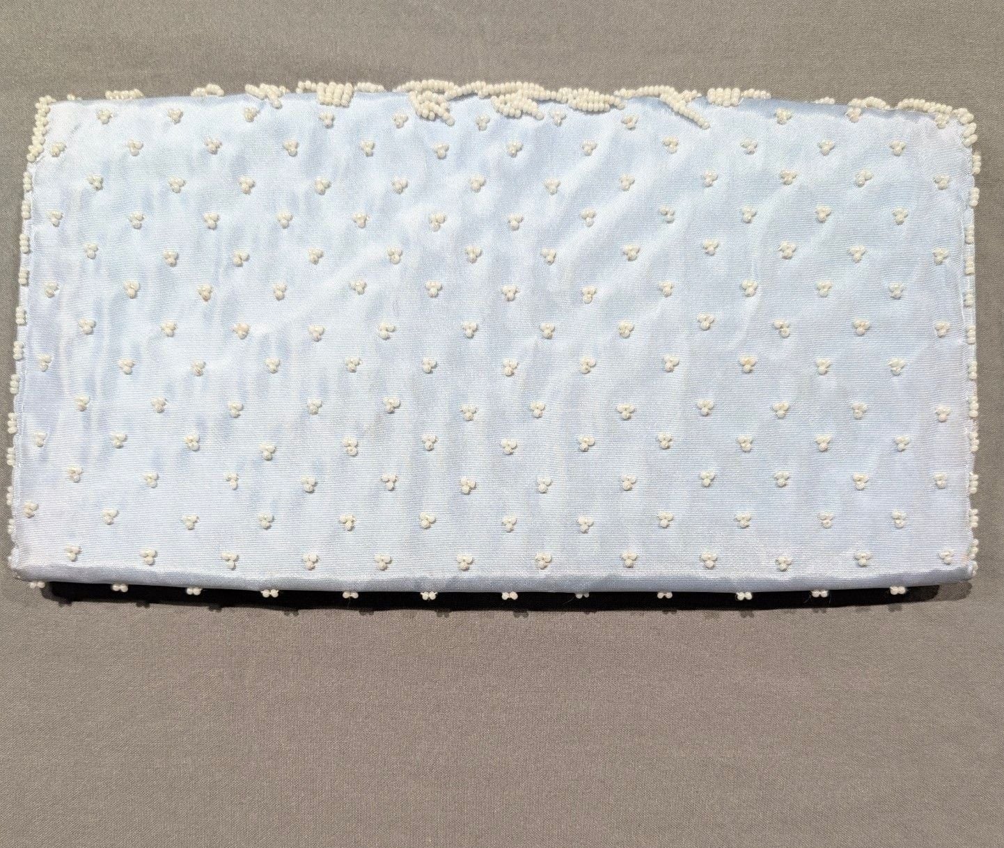 Vintage Hand Made in Hong Kong Light Blue Beaded Floral Evening Clutch Purse 4