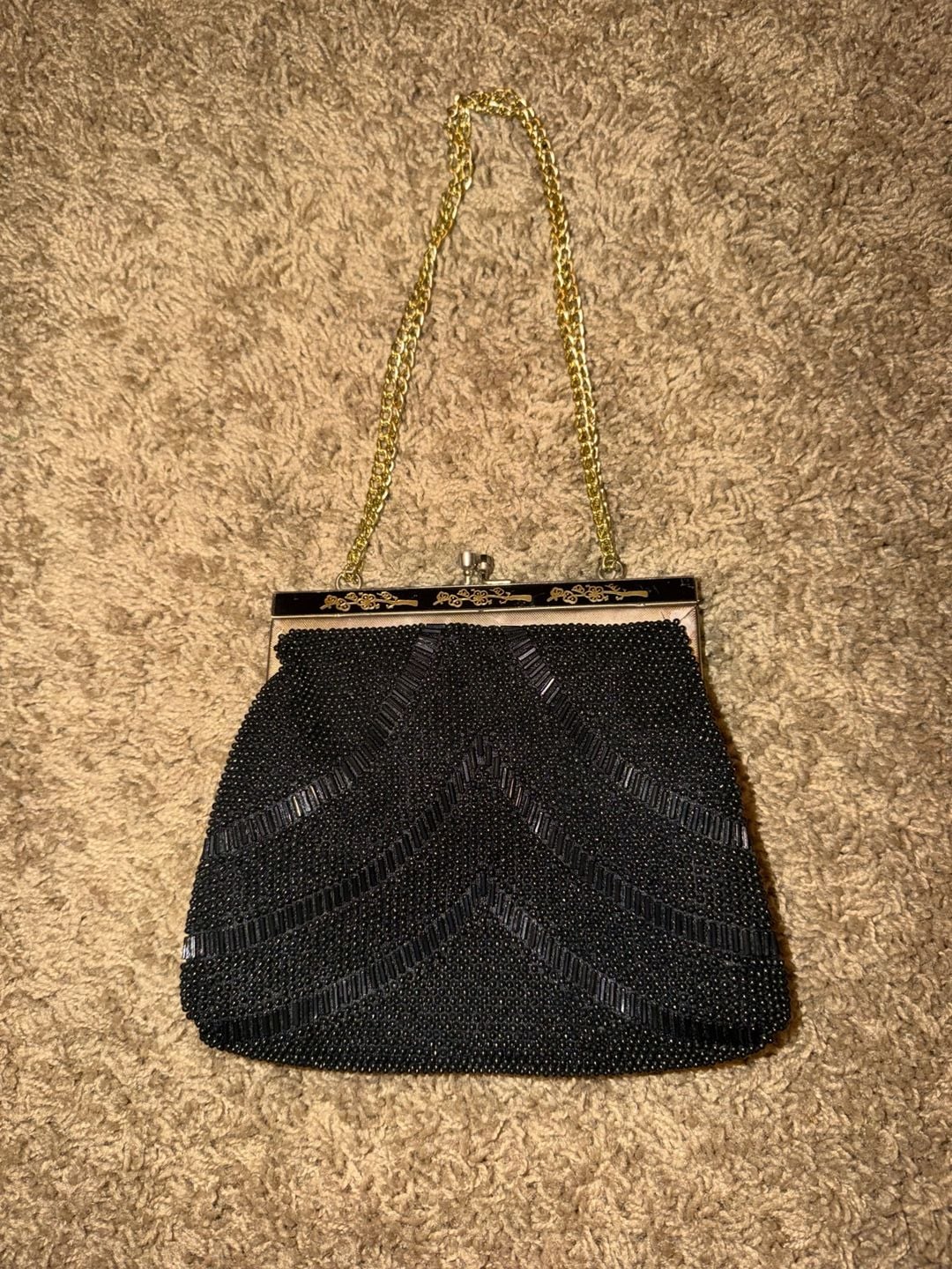 Vintage Magid Black Beaded Evening Bag Gold Chain Clasp 2