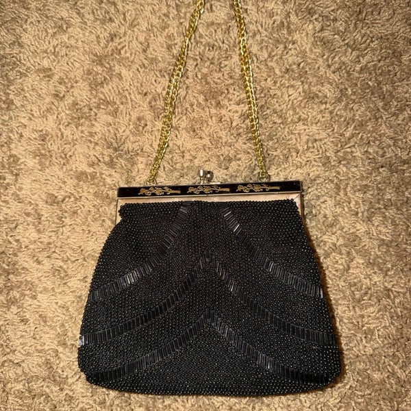 Vintage Magid Black Beaded Evening Bag Gold Chain Clasp