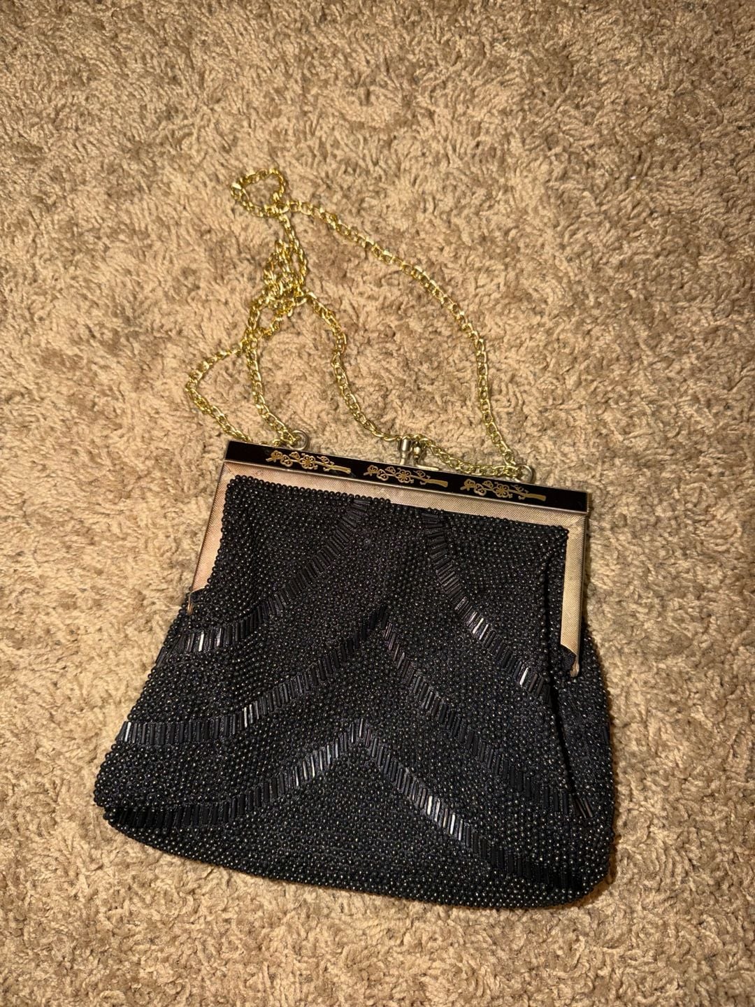 Vintage Magid Black Beaded Evening Bag Gold Chain Clasp 3