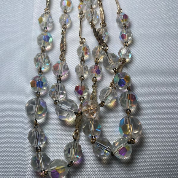 Vintage Gold Tone Aurora Borealis Faceted Crystal Bead Necklace