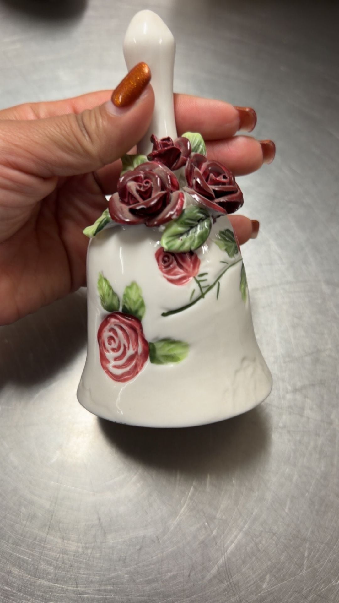 Vintage Ceramic Rose Dinner Bell White with Red Flowers 1