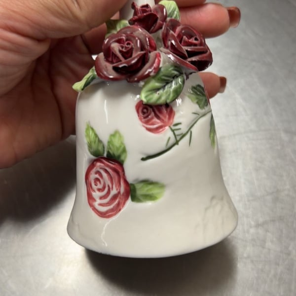 Vintage Ceramic Rose Dinner Bell White with Red Flowers