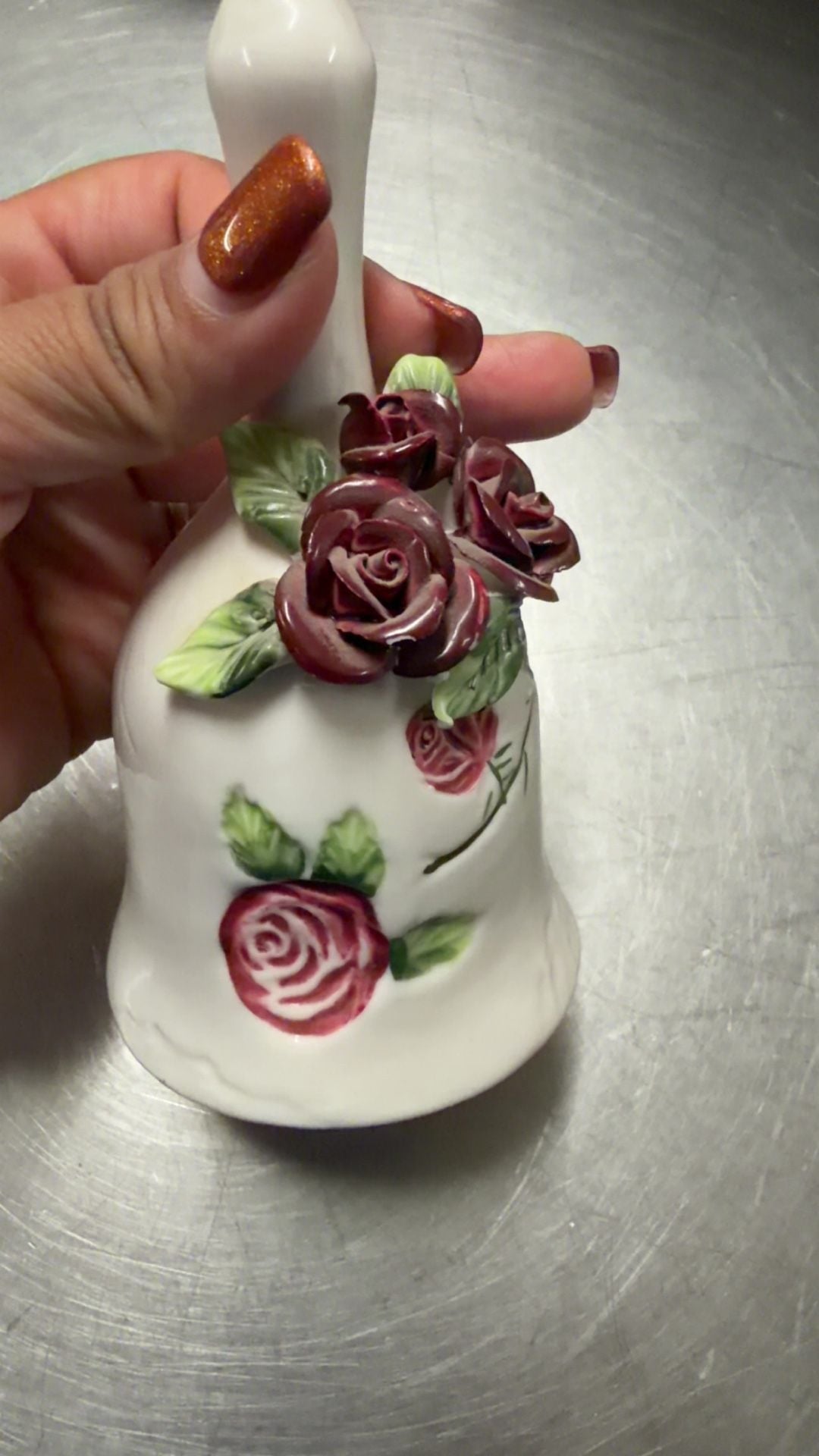 Vintage Ceramic Rose Dinner Bell White with Red Flowers 3