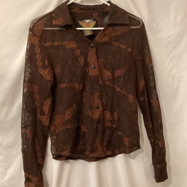 Harley-Davidson Mesh Blouse Size Small Brown Eagle Chain Button-Down