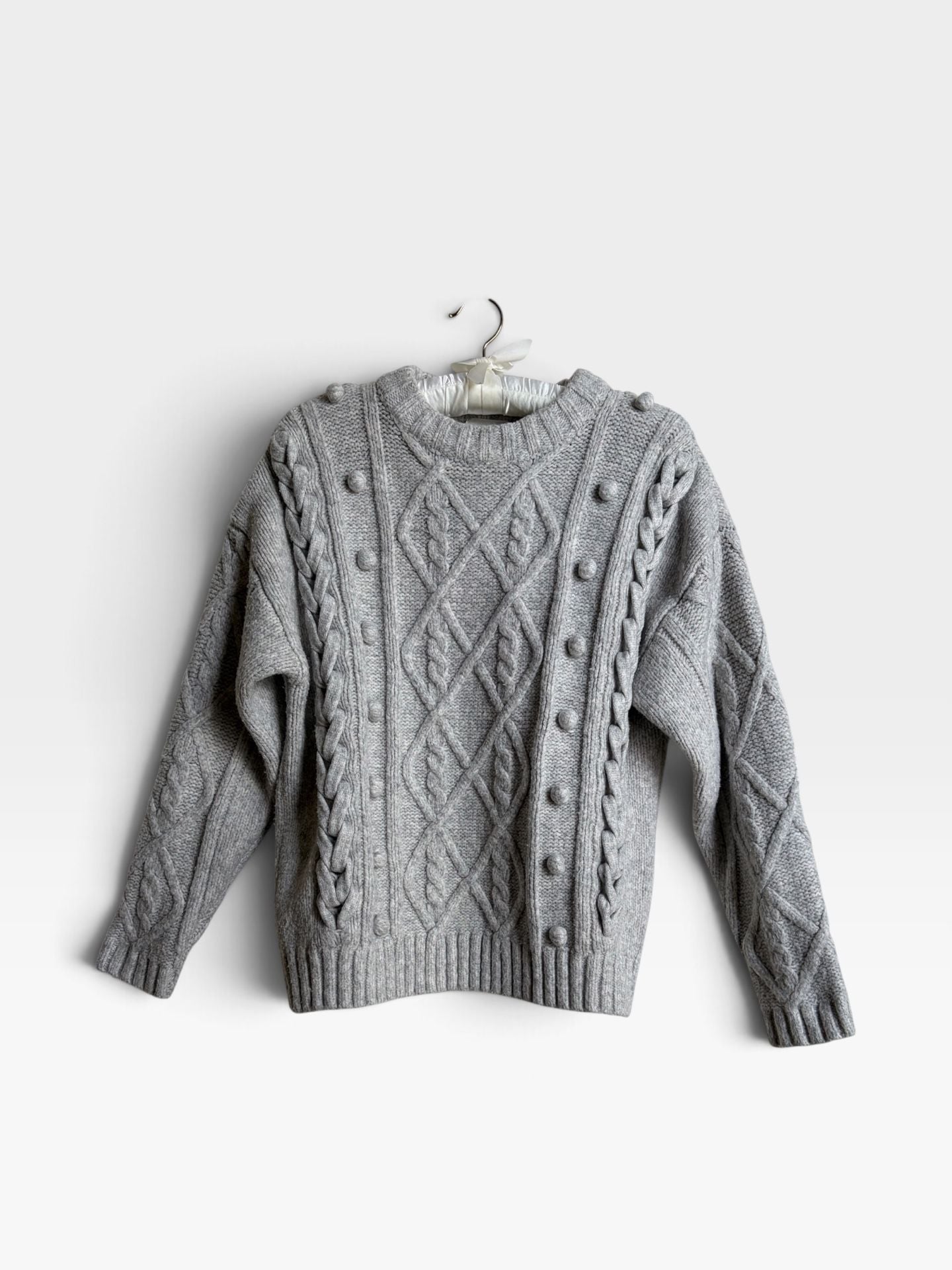 Anthropologie Line & Dot Mila Cable Knit Pom Pom Sweater Gray XS 2