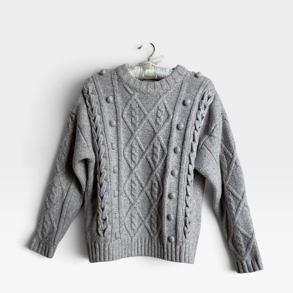 Anthropologie Line & Dot Mila Cable Knit Pom Pom Sweater Gray XS
