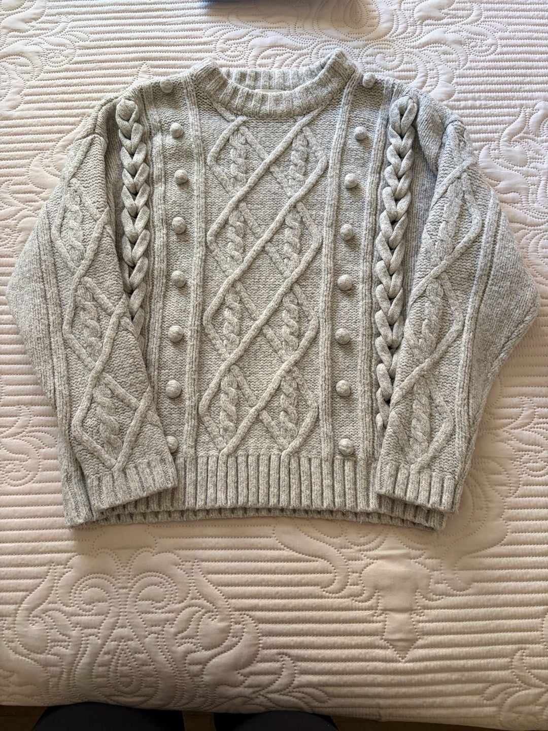 Anthropologie Line & Dot Mila Cable Knit Pom Pom Sweater Gray XS 4