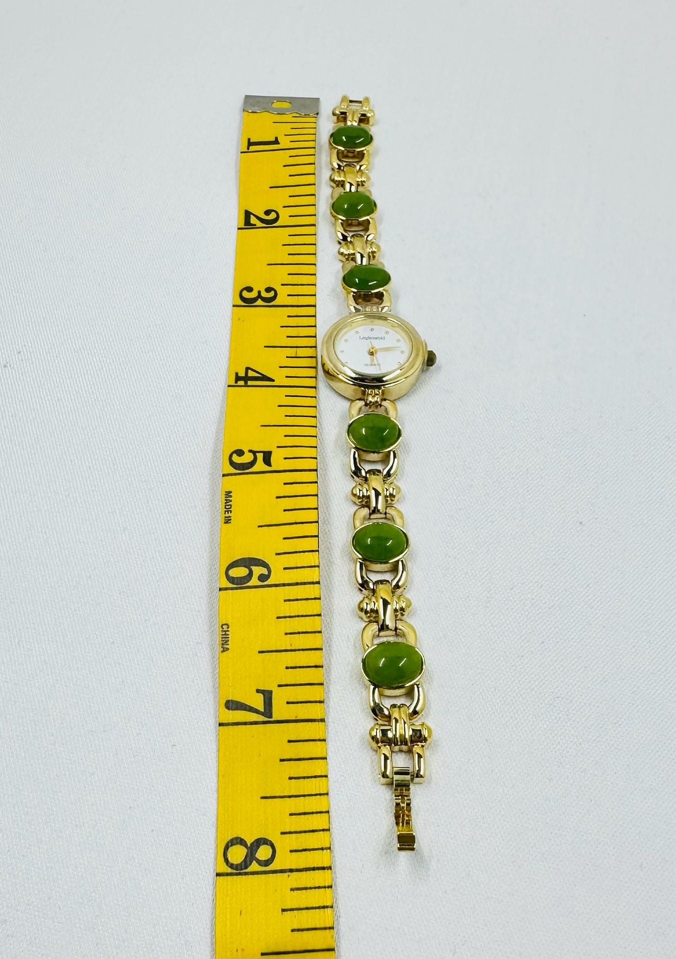 Vintage Lindenwold Green Cabochon Gold Tone Quartz Watch Original Box 8
