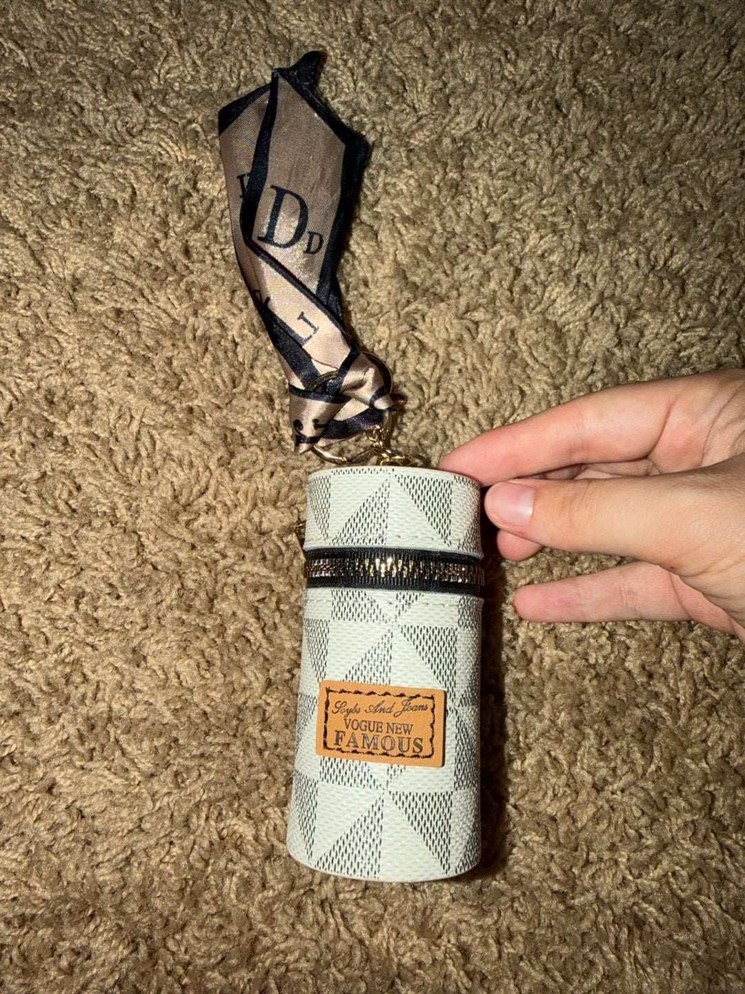 SHEIN Faux Leather Lipstick Case Keychain with Mini Scarf White 1