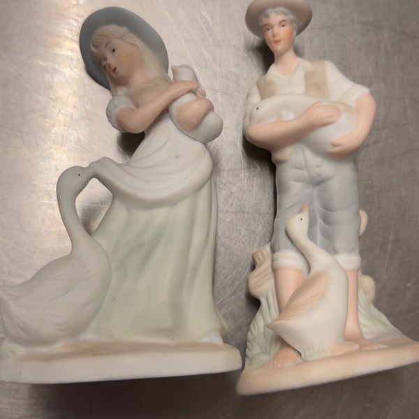 Vintage Porcelain Boy And Girl With Geese Figurines Set