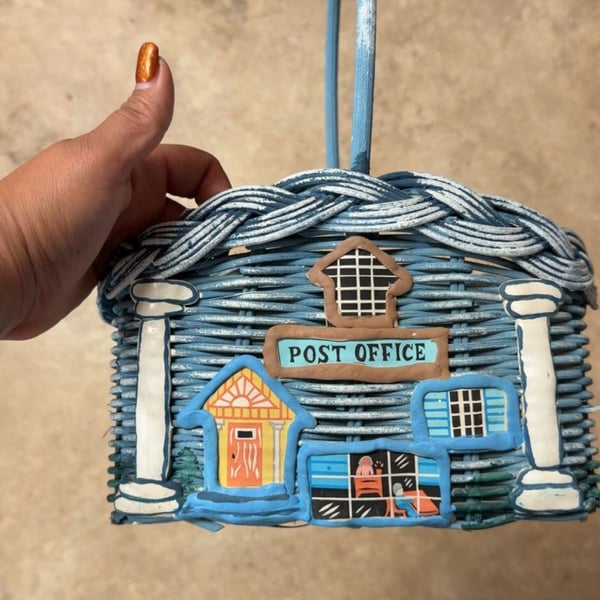 Vintage Hand Painted Wicker Post Office House Basket with Handle Blue