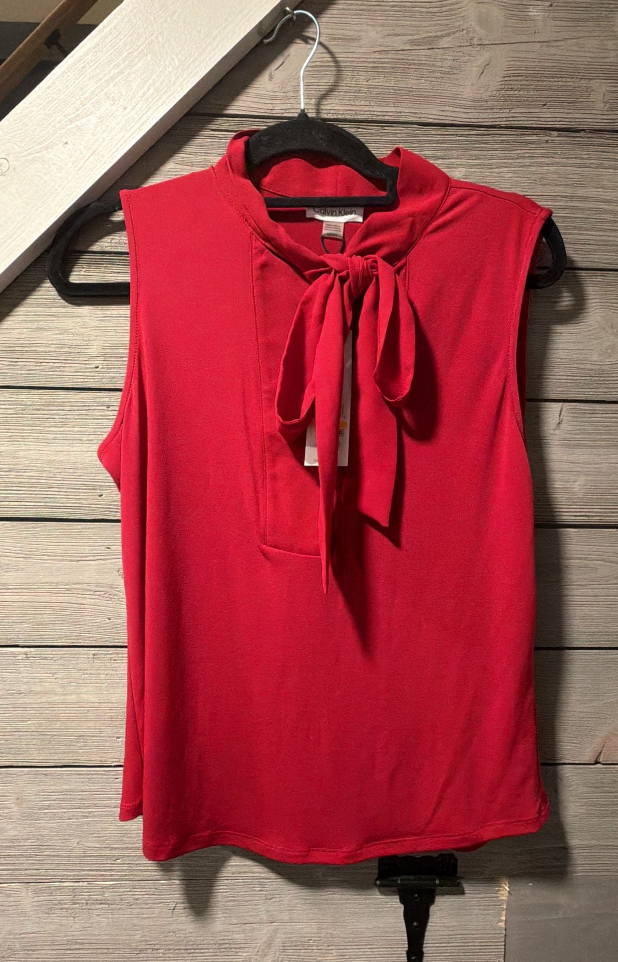 Calvin Klein Tie-Neck Top Size M Red Sleeveless Blouse 2