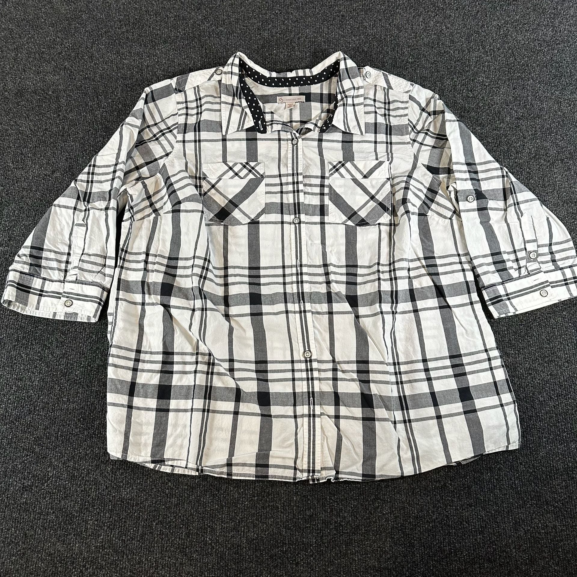 Dressbarn Plaid Button Down Shirt Size 2X Black White Cotton 2