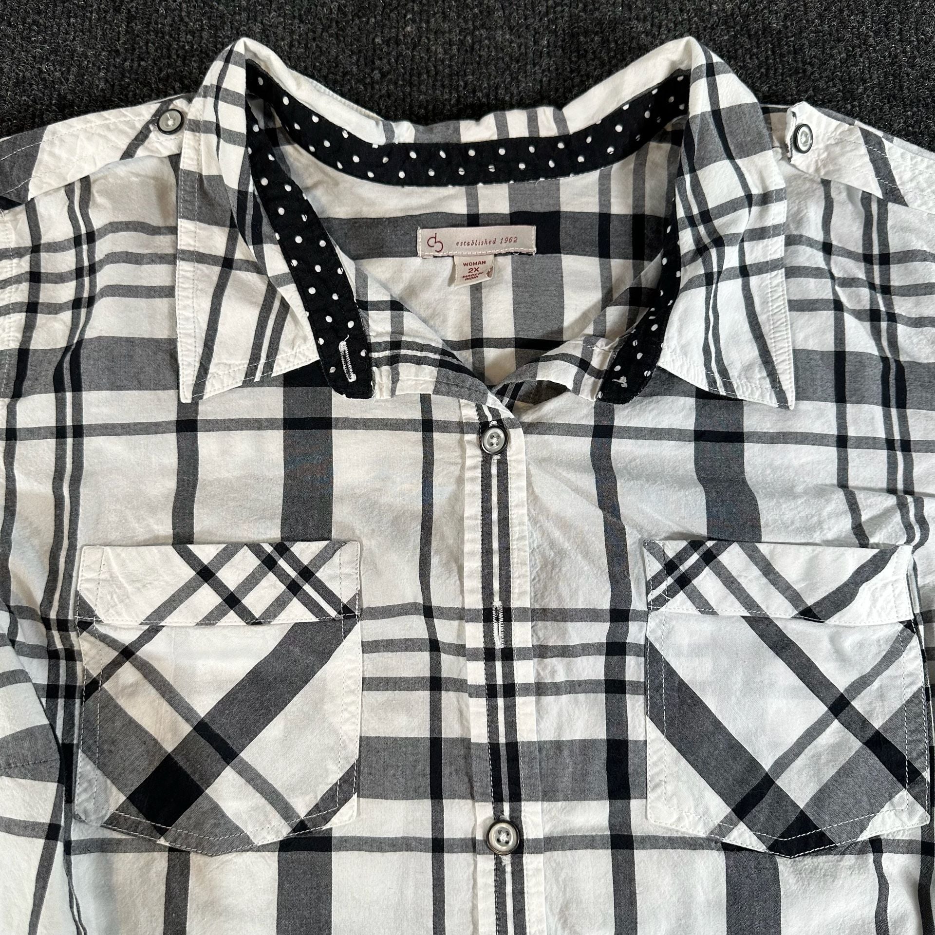Dressbarn Plaid Button Down Shirt Size 2X Black White Cotton 3
