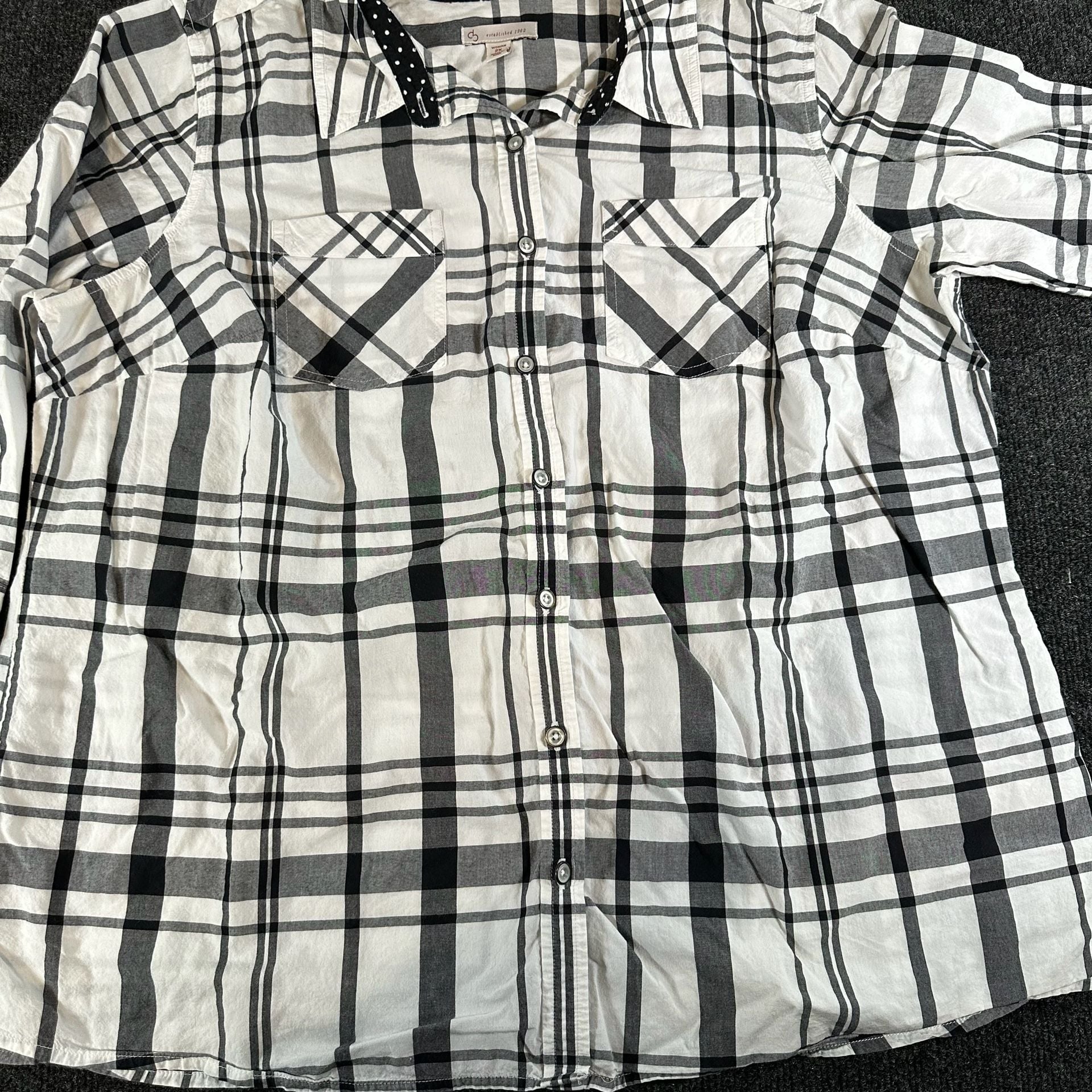 Dressbarn Plaid Button Down Shirt Size 2X Black White Cotton 12