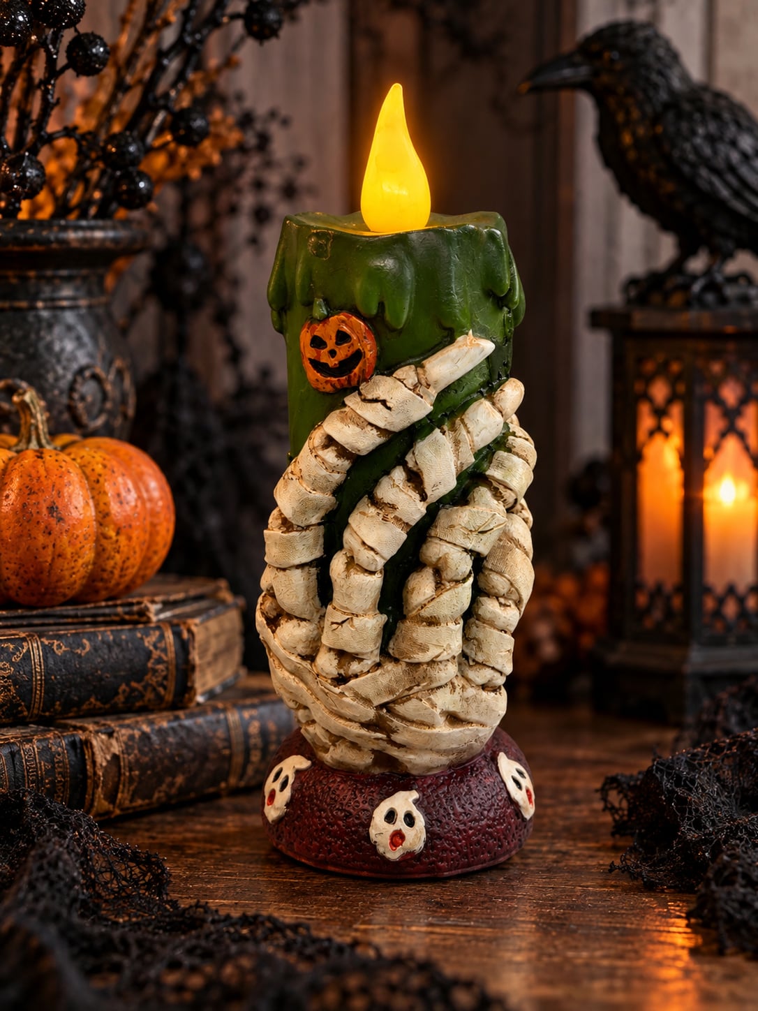 Halloween Skeleton Hand Green Pillar Flickering Flameless Candle Pumpkins Vtg 1