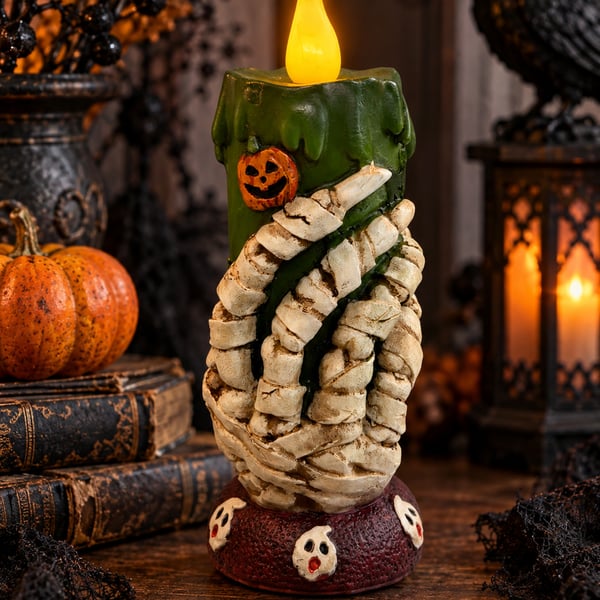 Halloween Skeleton Hand Green Pillar Flickering Flameless Candle Pumpkins Vtg