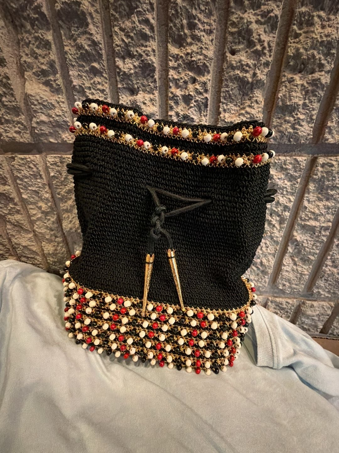 Vintage Beaded Crochet Drawstring Bucket Bag Black Gold 3