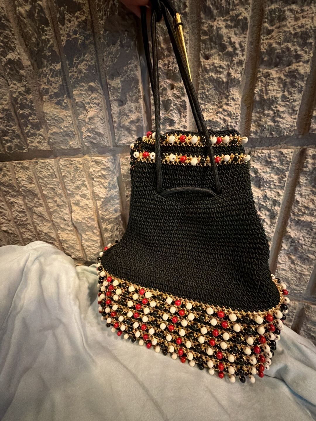 Vintage Beaded Crochet Drawstring Bucket Bag Black Gold 4