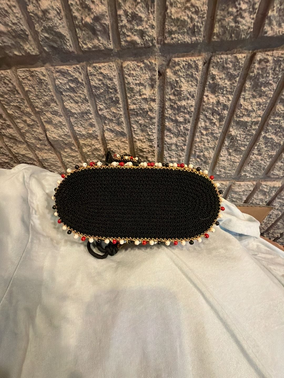 Vintage Beaded Crochet Drawstring Bucket Bag Black Gold 5