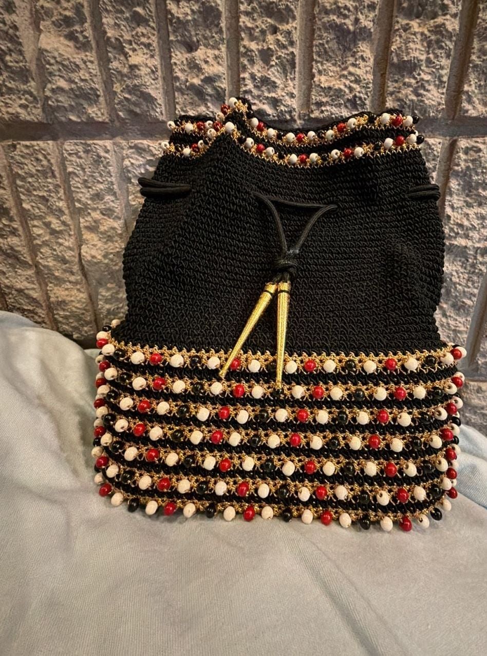 Vintage Beaded Crochet Drawstring Bucket Bag Black Gold 2