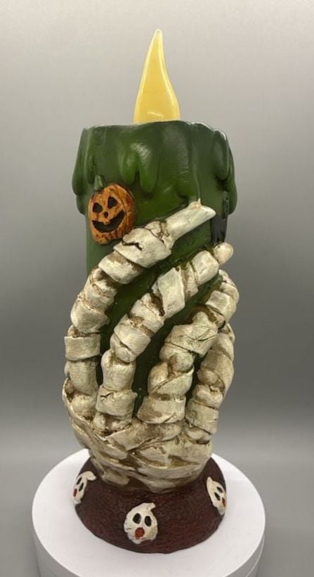 Halloween Skeleton Hand Green Pillar Flickering Flameless Candle Pumpkins Vtg 3