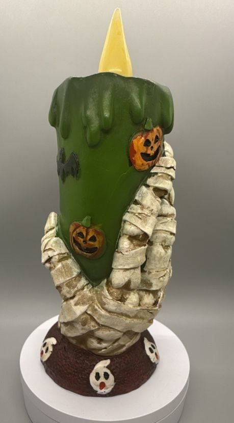 Halloween Skeleton Hand Green Pillar Flickering Flameless Candle Pumpkins Vtg 7