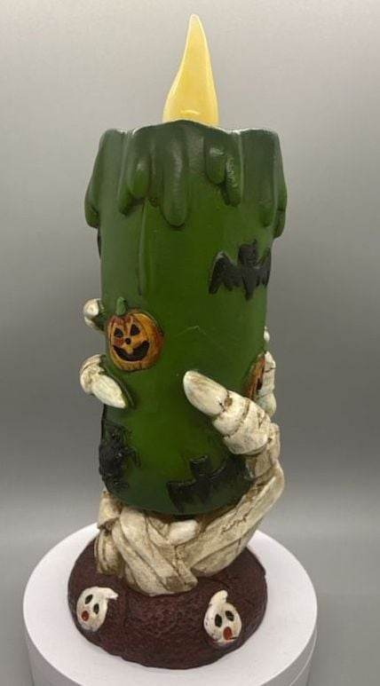 Halloween Skeleton Hand Green Pillar Flickering Flameless Candle Pumpkins Vtg 8