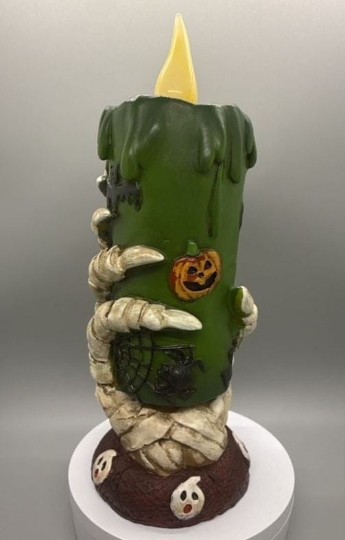Halloween Skeleton Hand Green Pillar Flickering Flameless Candle Pumpkins Vtg 9