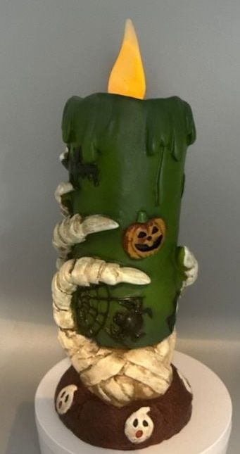 Halloween Skeleton Hand Green Pillar Flickering Flameless Candle Pumpkins Vtg 10