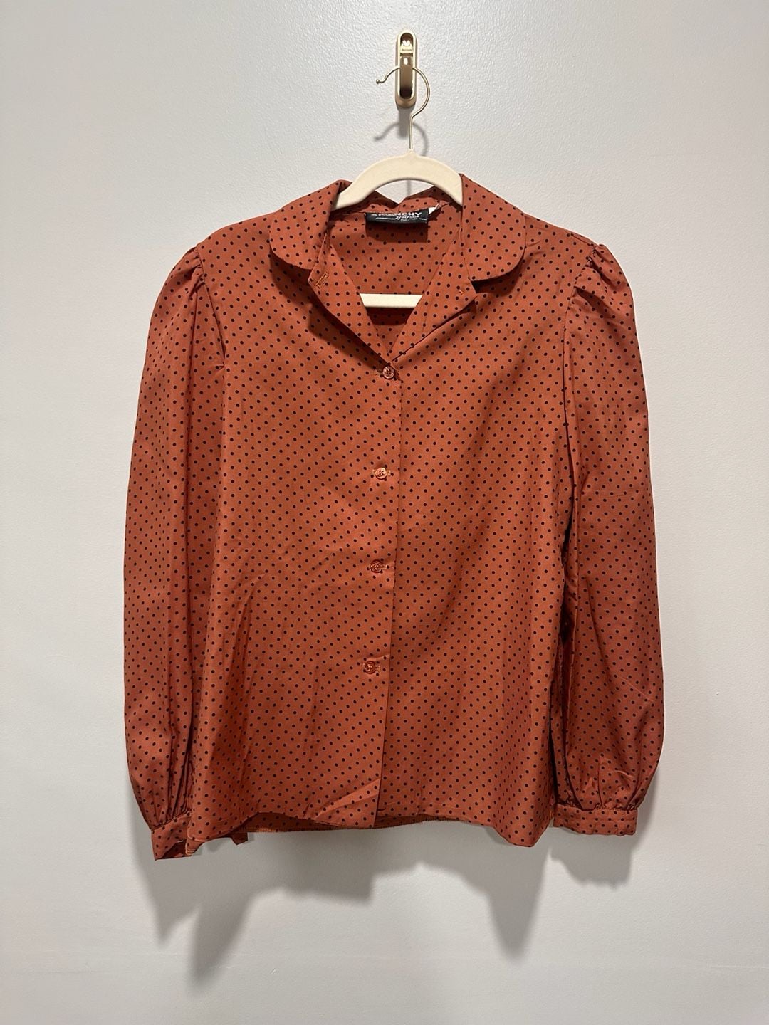 Vintage Givenchy Sport Blouse Size 8 Rust Orange Black Polka Dot Long Sleeve, Sz 8 2