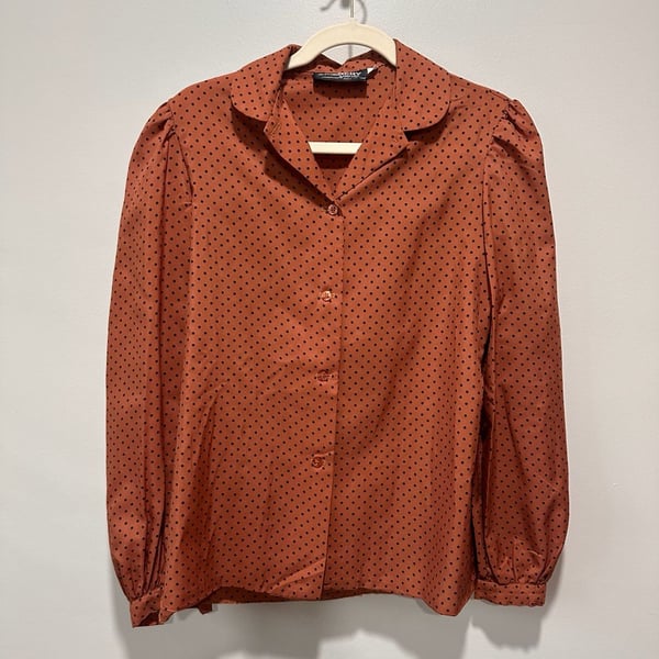 Vintage Givenchy Sport Blouse Size 8 Rust Orange Black Polka Dot Long Sleeve, Sz 8