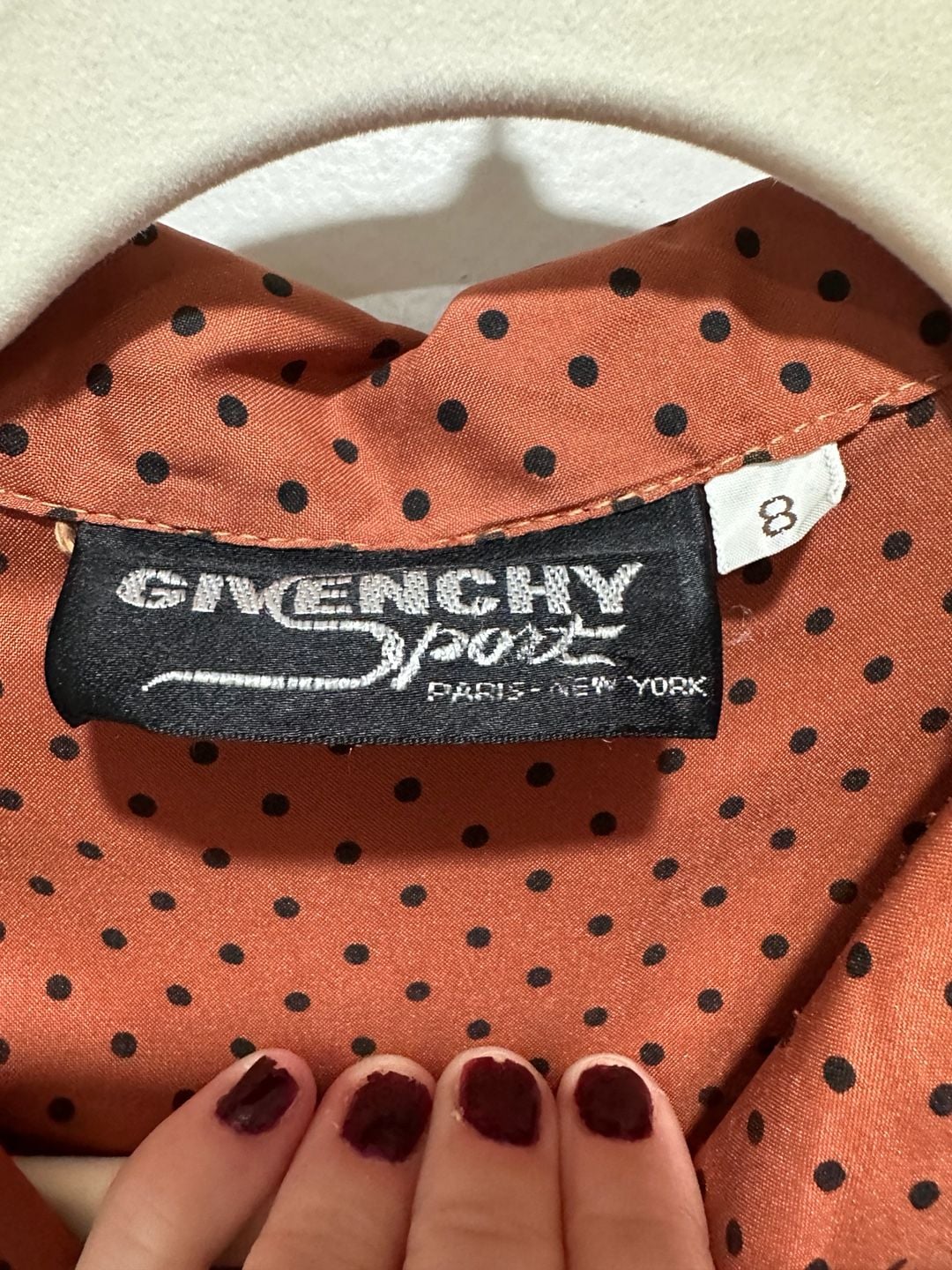 Vintage Givenchy Sport Blouse Size 8 Rust Orange Black Polka Dot Long Sleeve, Sz 8 3