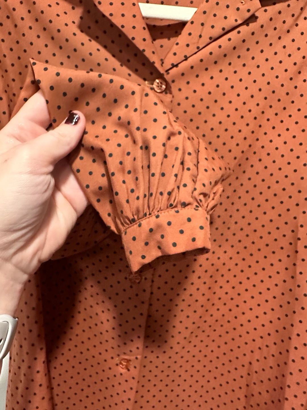 Vintage Givenchy Sport Blouse Size 8 Rust Orange Black Polka Dot Long Sleeve, Sz 8 8