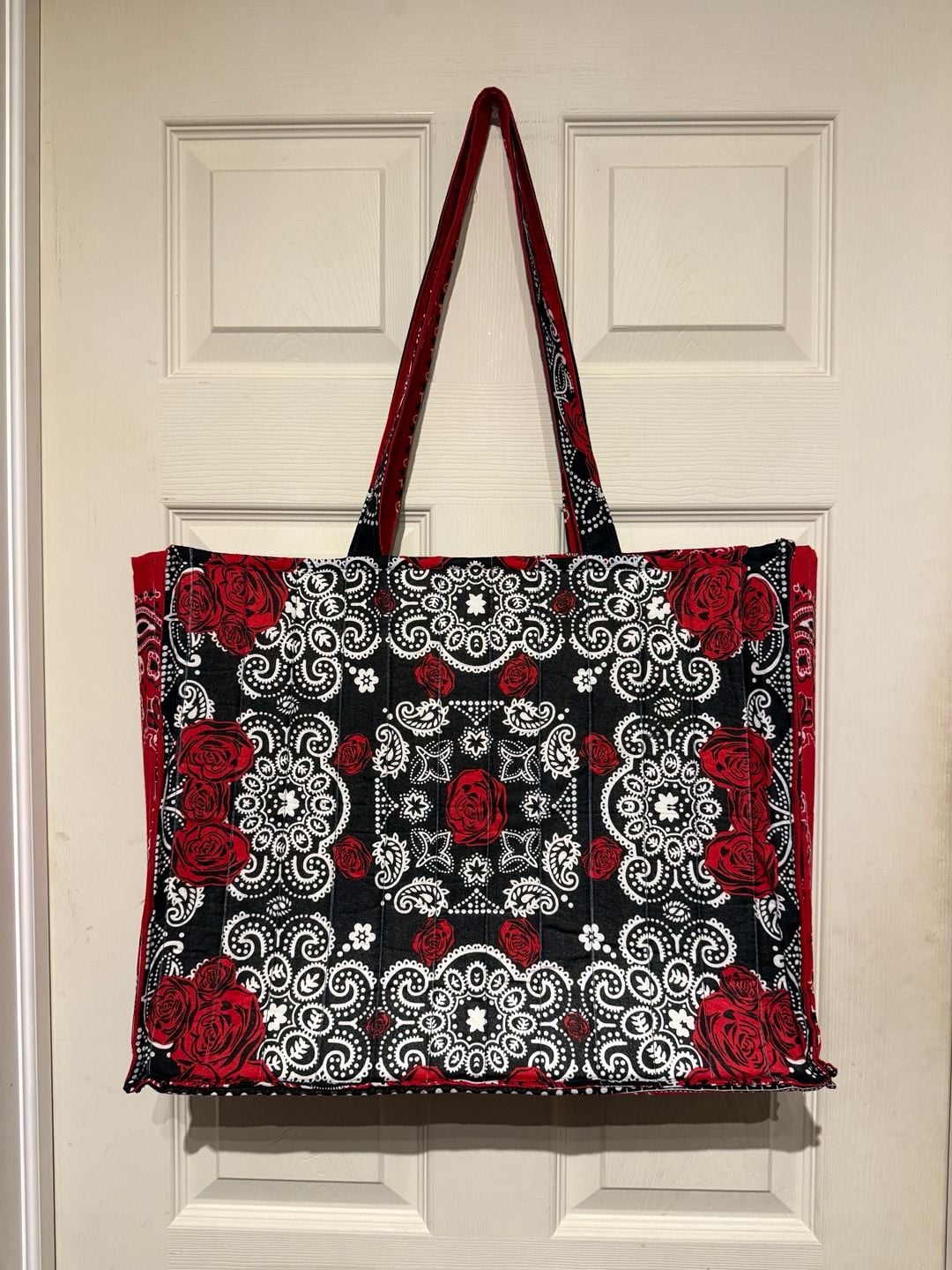 Handmade custom Quilted Tote Bag Red Black White Rose Bandana Print 18x14 1/2 2