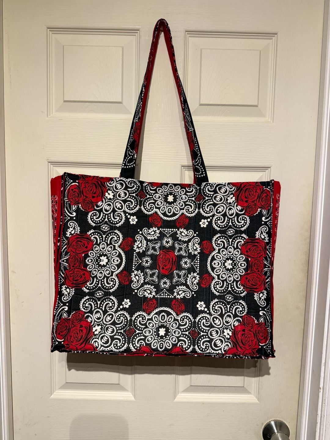Handmade custom Quilted Tote Bag Red Black White Rose Bandana Print 18x14 1/2 3