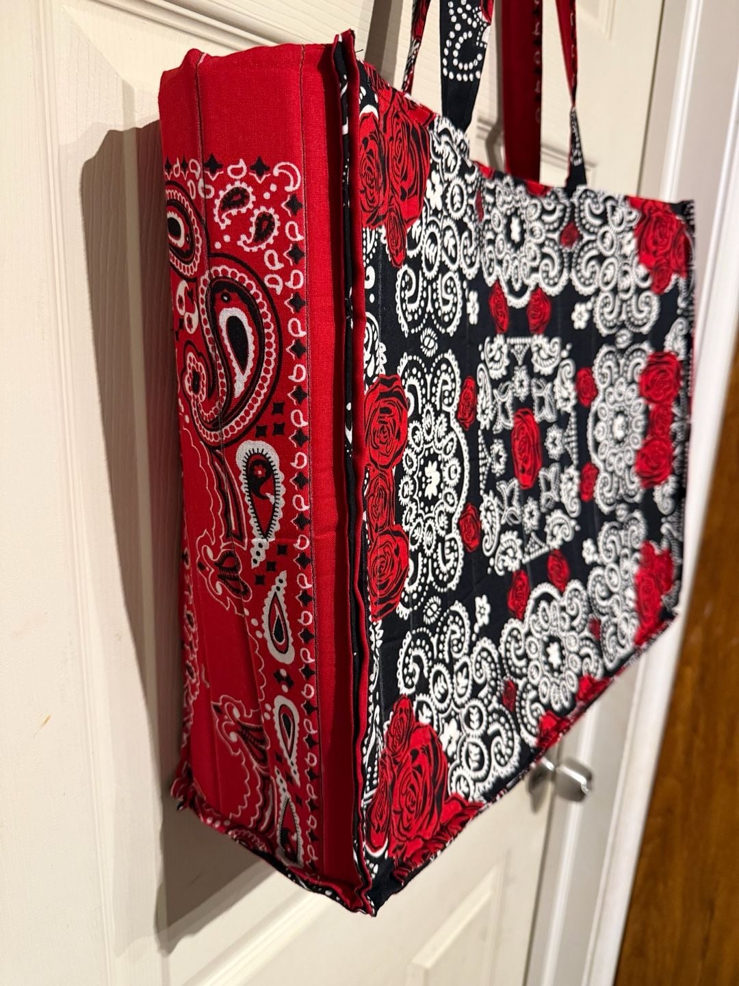 Handmade custom Quilted Tote Bag Red Black White Rose Bandana Print 18x14 1/2 4