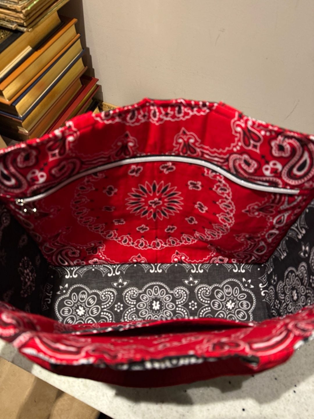 Handmade custom Quilted Tote Bag Red Black White Rose Bandana Print 18x14 1/2 6