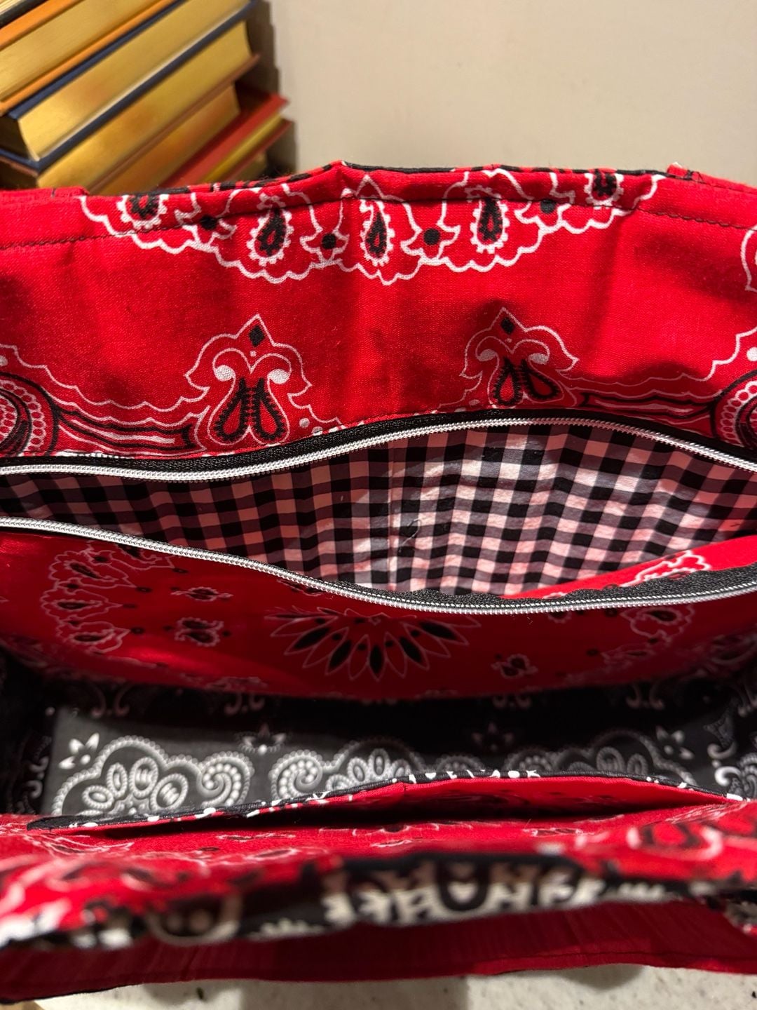 Handmade custom Quilted Tote Bag Red Black White Rose Bandana Print 18x14 1/2 8