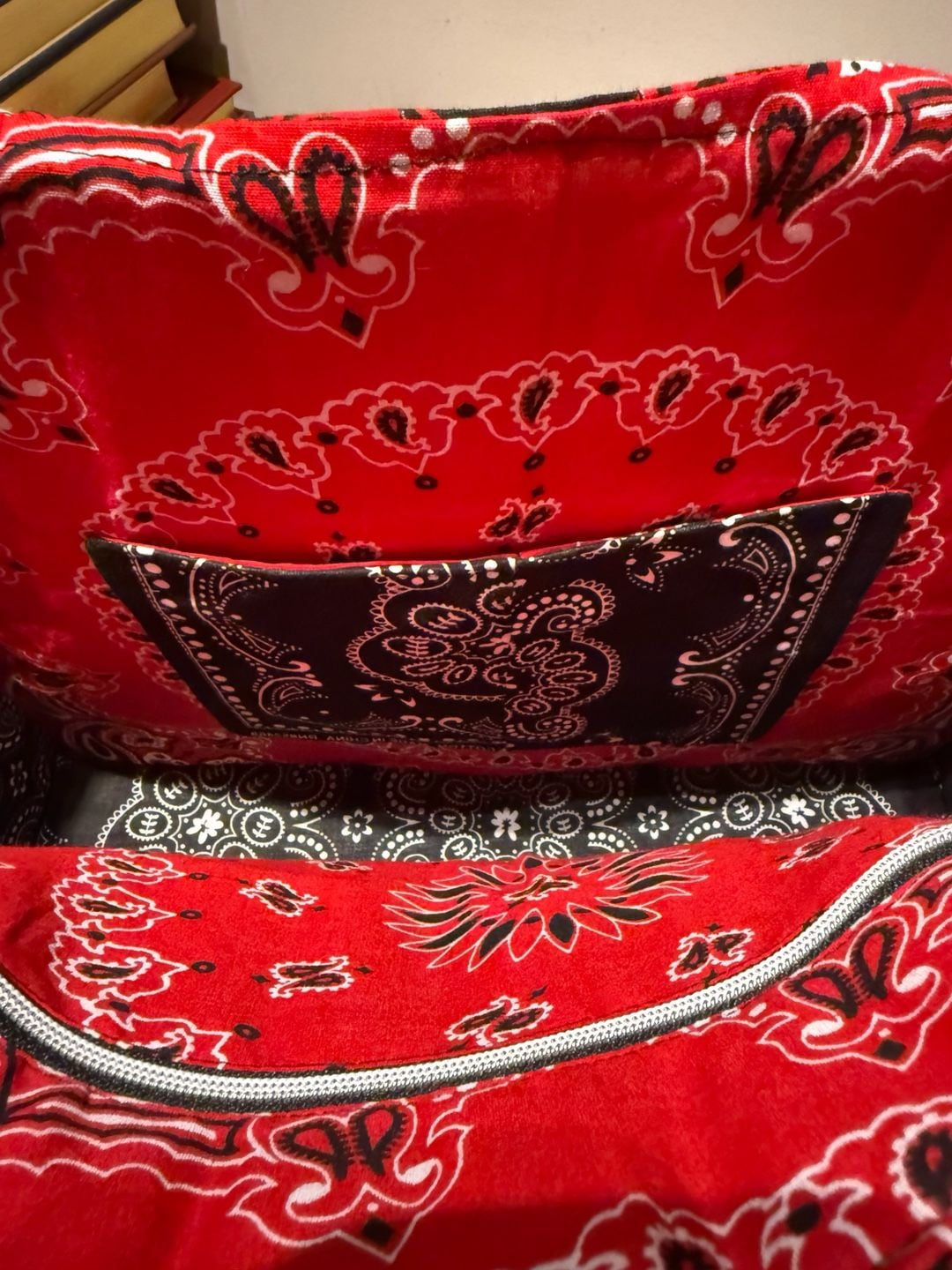 Handmade custom Quilted Tote Bag Red Black White Rose Bandana Print 18x14 1/2 9