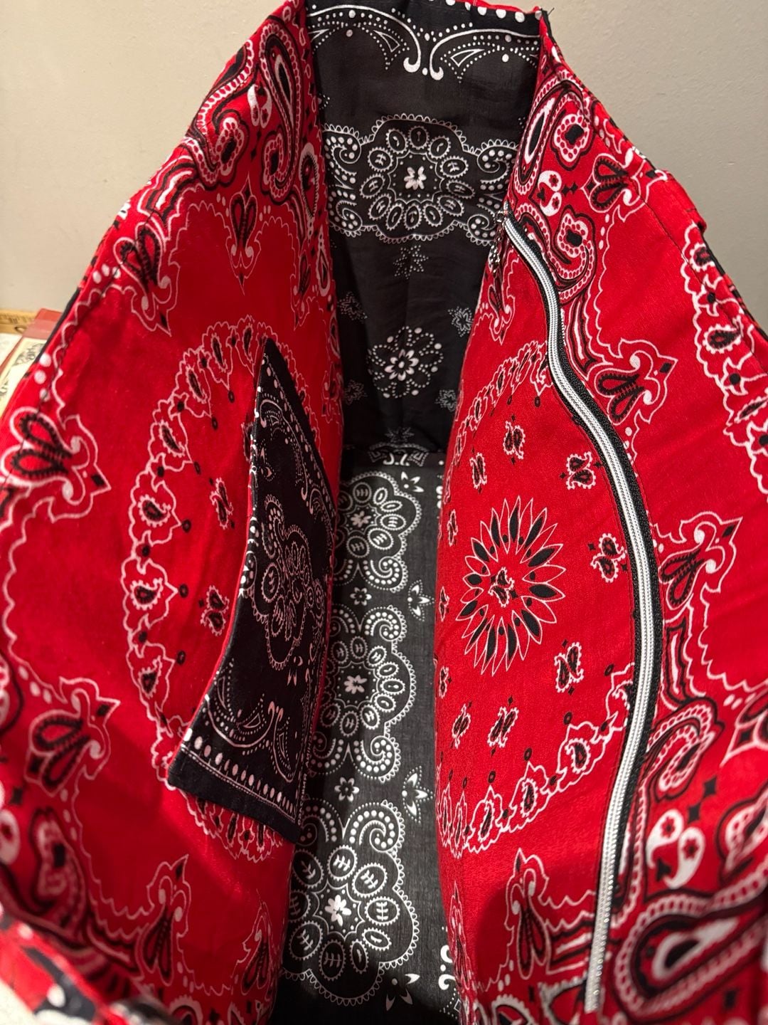 Handmade custom Quilted Tote Bag Red Black White Rose Bandana Print 18x14 1/2 10