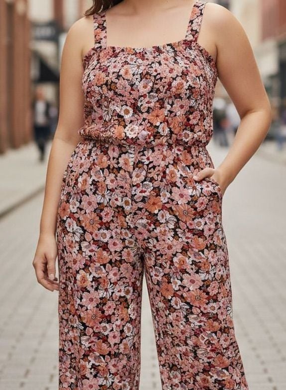 Floral Print Smocked Square Neck Jumpsuit Pink Floral/ 129 3