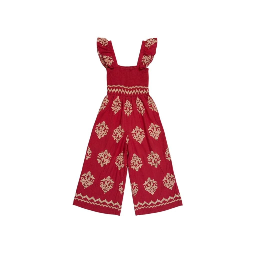 Boho Red Printed Smocked Wide Leg Jumpsuit/ 128 2
