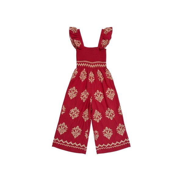 Boho Red Printed Smocked Wide Leg Jumpsuit/ 128