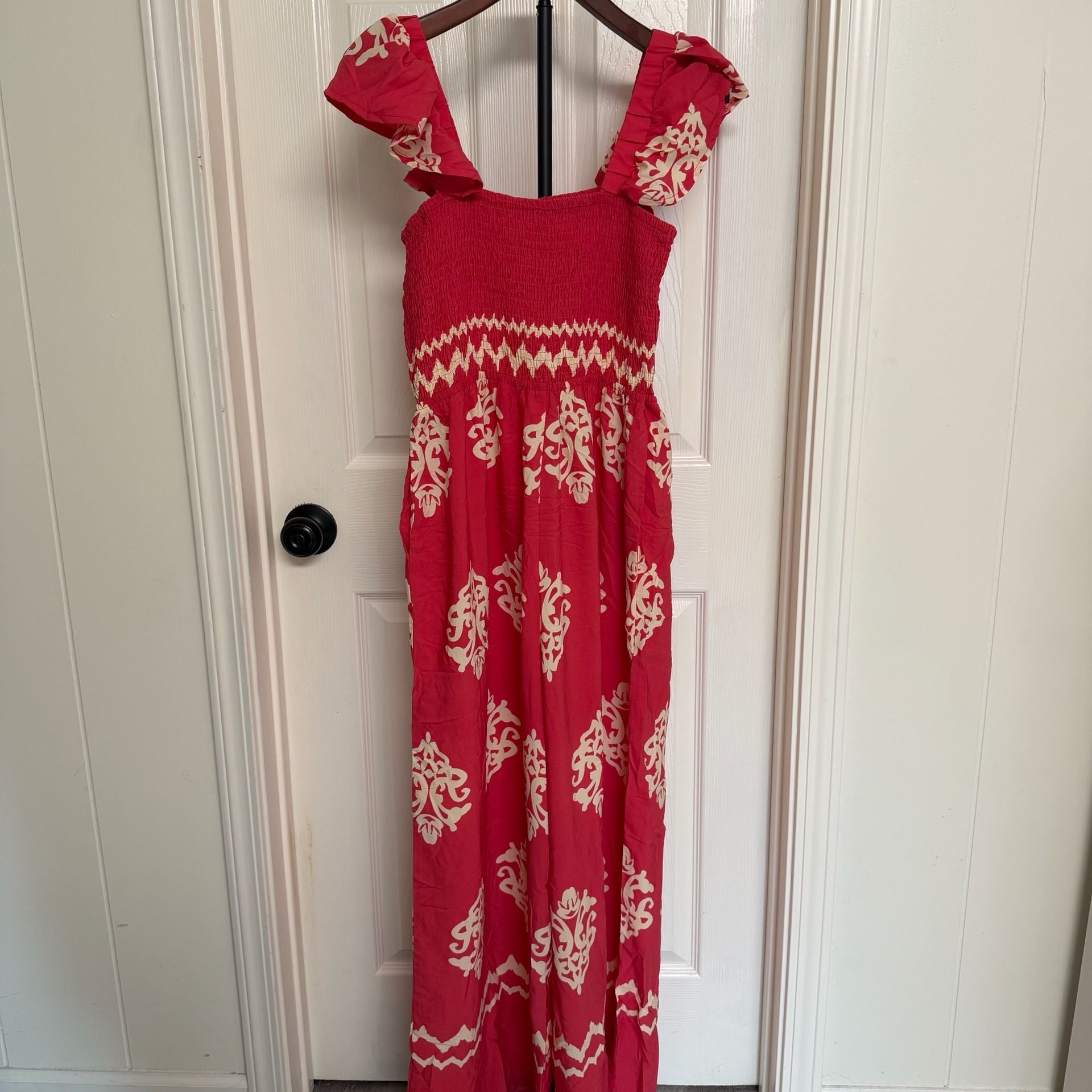 Boho Red Printed Smocked Wide Leg Jumpsuit/ 128 5