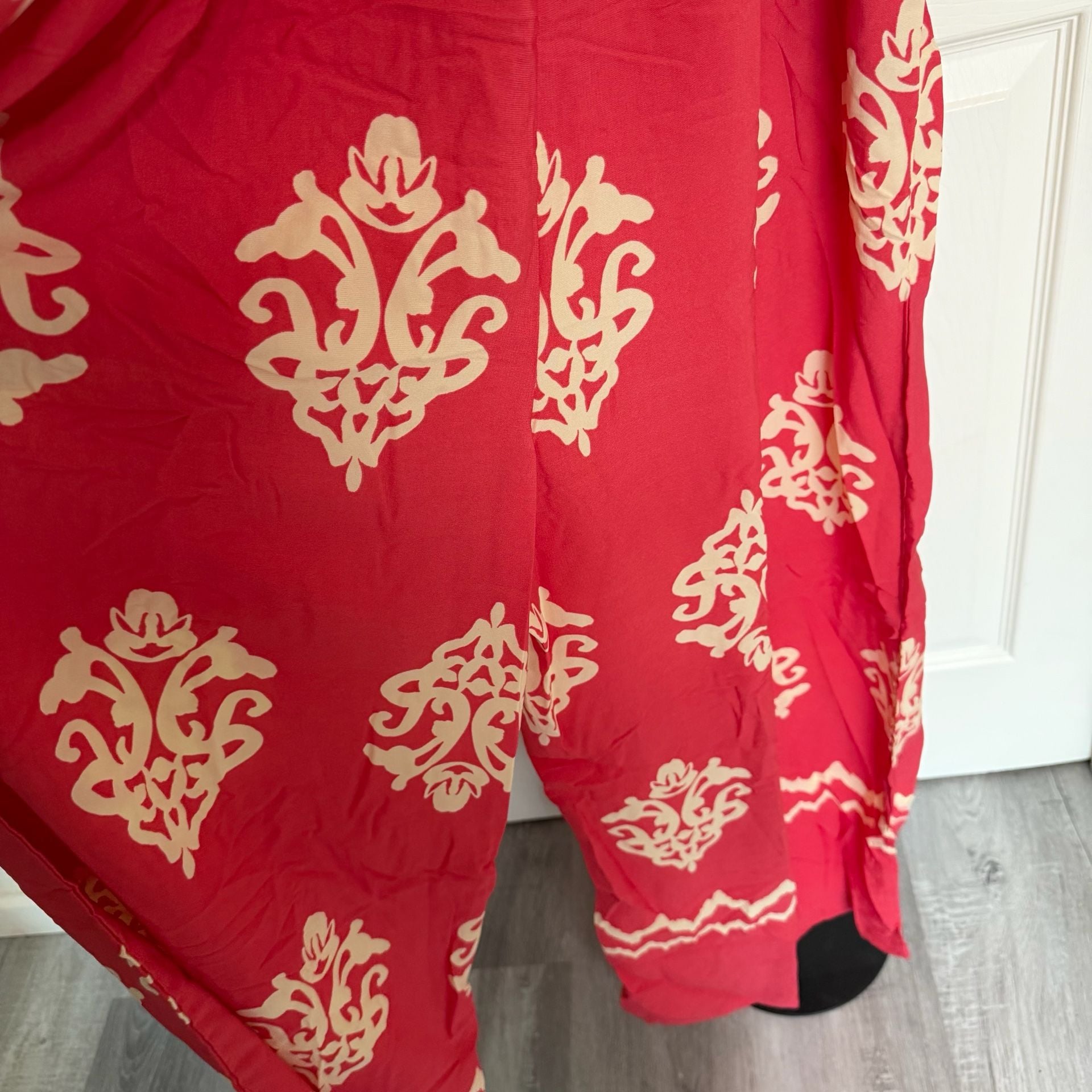Boho Red Printed Smocked Wide Leg Jumpsuit/ 128 9