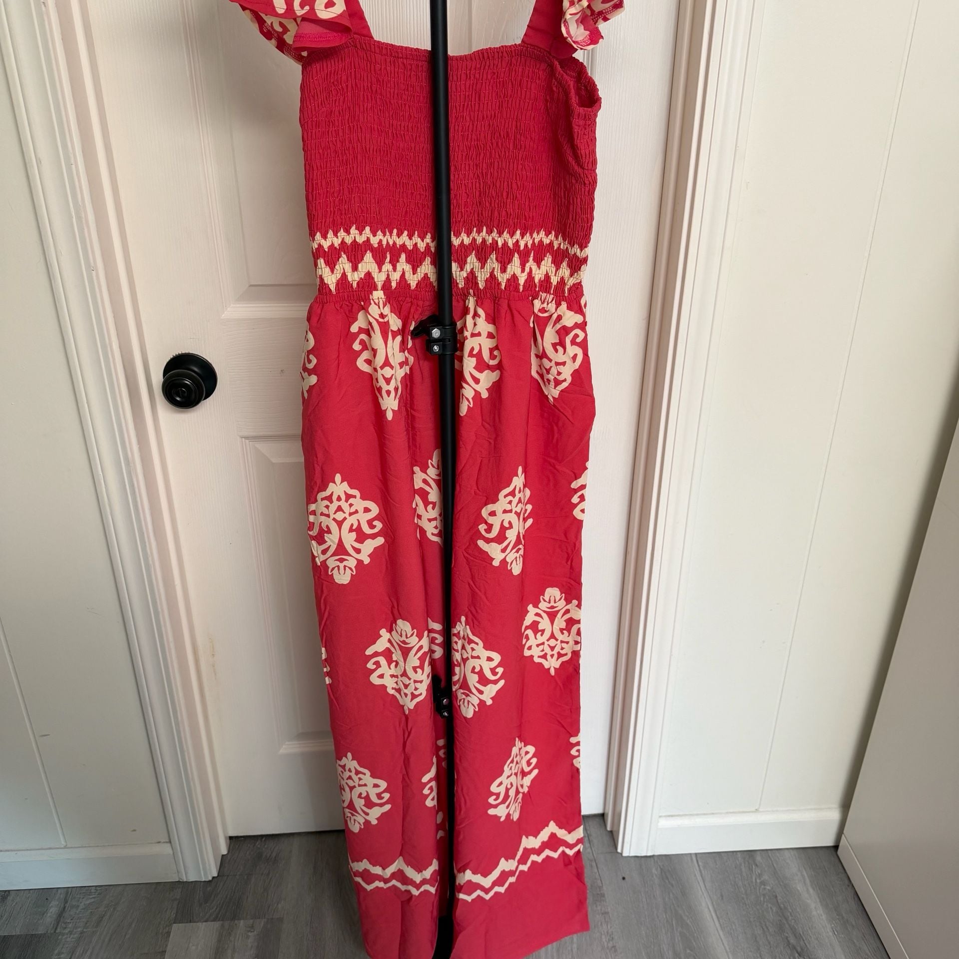 Boho Red Printed Smocked Wide Leg Jumpsuit/ 128 10